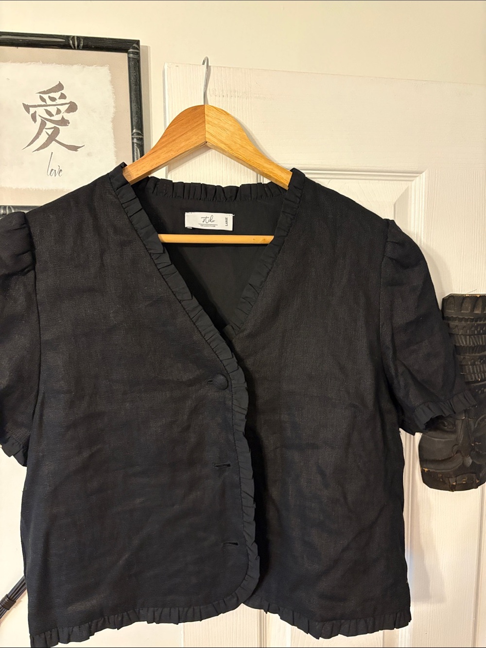 Black Short-Sleeve Ruffle-Trim Linen Blazer - The Line by K